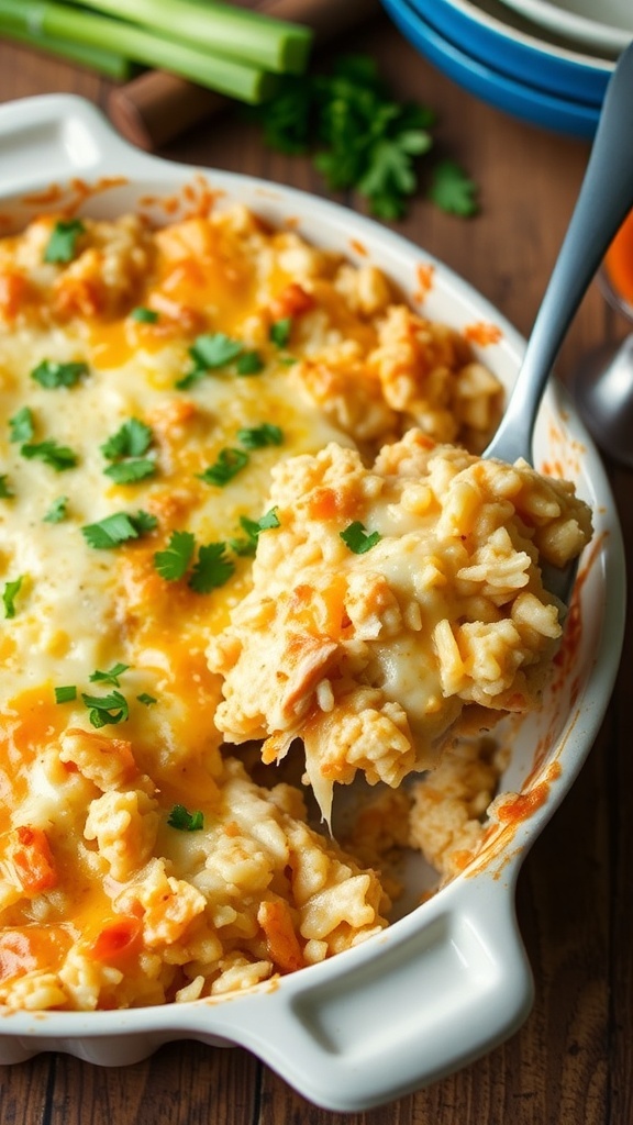 A creamy chicken and rice casserole with melted cheese and parsley garnish in a baking dish.